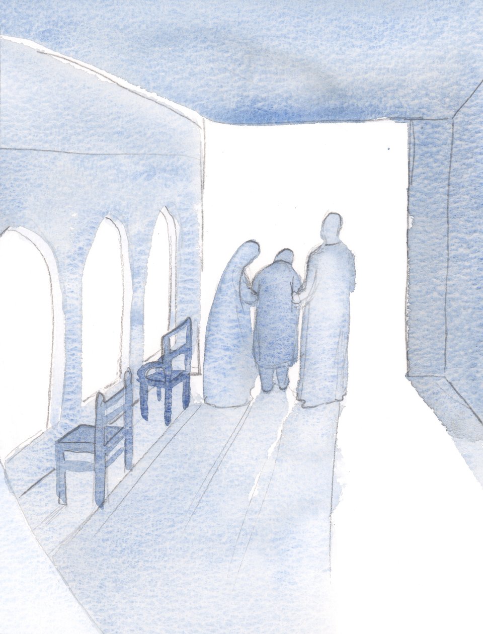 Han förbarmade sig över mig och följde med mig till mitt arbete, han på ena sidan och hans heliga moder på den andra., 2000 (w/c på papper) av Elizabeth Wang