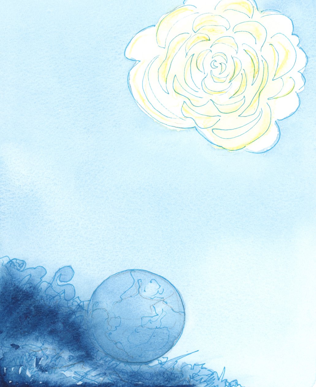 Himlen representerades som en enorm blomma, i hjärtat av denna var en vacker, parfymerad, bländande fristad, 2003 (w/c på papper) av Elizabeth Wang