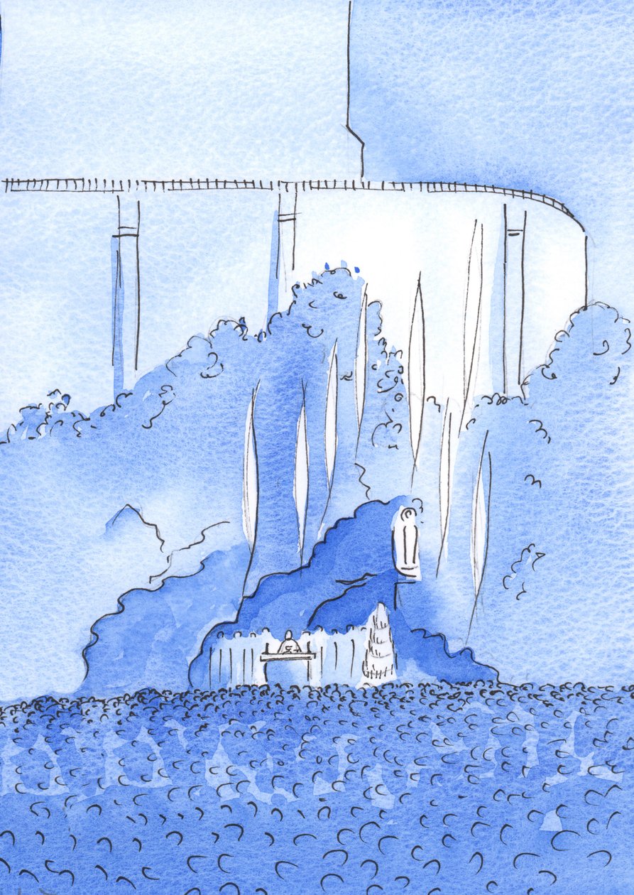 Den heliga mässan firas i grottan i Lourdes. Änglarna svävar ovanför grottan, 2002 (w/c på papper) av Elizabeth Wang