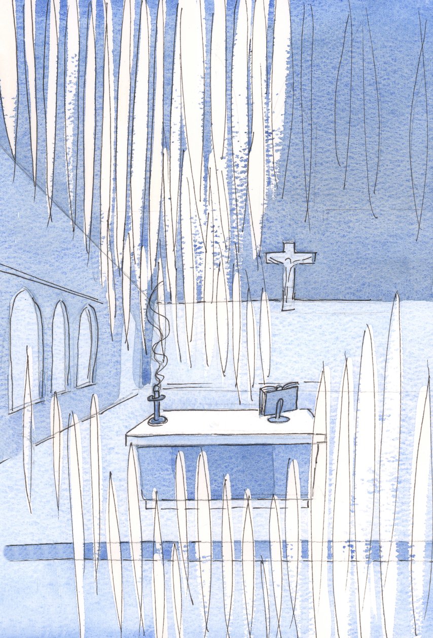 Hur många änglar! Ett stort antal samlades i kyrkan för att fira Vår Frus högtid, oavsett hur få de troende., 2001 (w/c på papper) av Elizabeth Wang