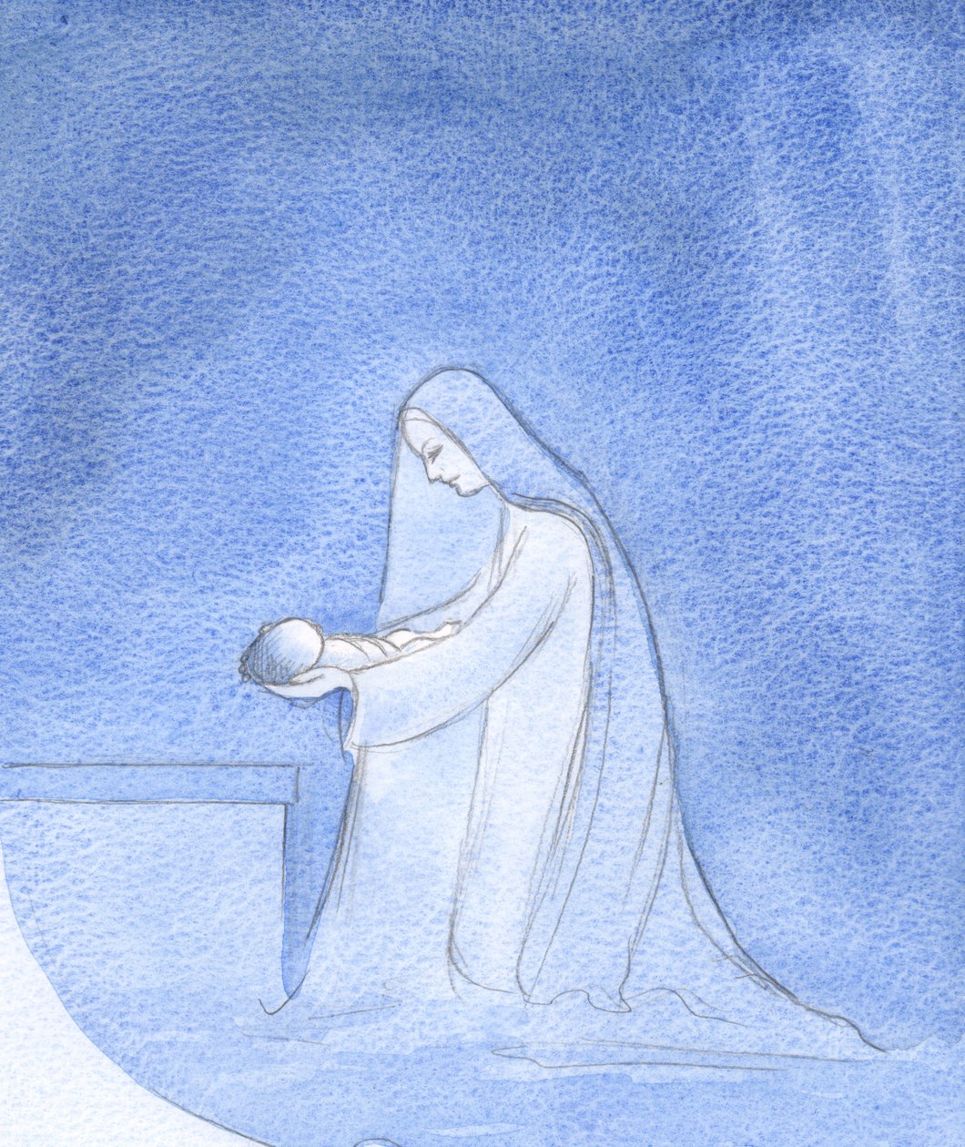 Hur enkelt lade Mary, knästående, ner sin bebis för att sova, obekymrad över tankar om sin egen privilegierade roll., 2001 (w/c på papper) av Elizabeth Wang