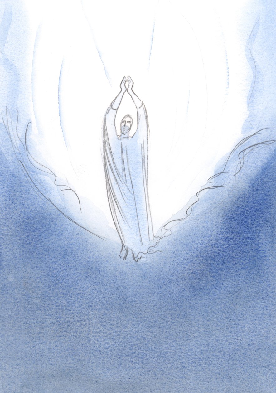 Jag såg Kristus stå på himlens rand, med armarna utsträckta i bön: vad jag än ber om av Fadern, ber Jesus i himlen om det åt mig., 2001 (w/c på papper) av Elizabeth Wang