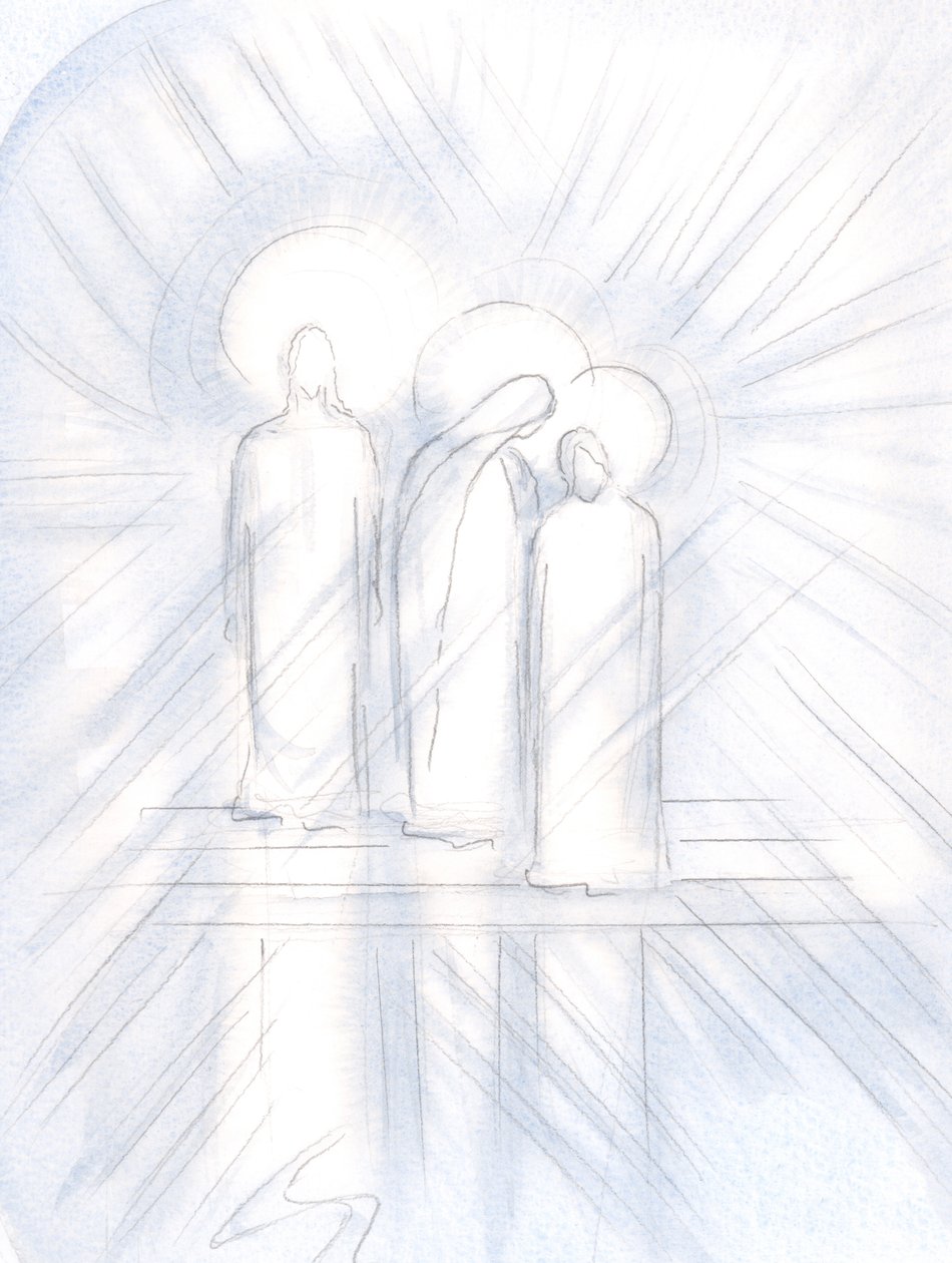 Jag såg Jesus tydligt, hans heliga moder vid hans sida och den helige Josef bredvid henne. Kristus ger dem till oss, som hjälpare och exempel, 2000 (w/c på papper) av Elizabeth Wang