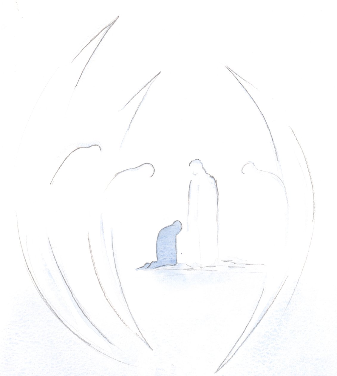 Jag såg hur de heliga änglarna böjer sig vördnadsfullt inför Kristi närvaro i själen, i Holy Communion., 2000 (w/c på papper) av Elizabeth Wang