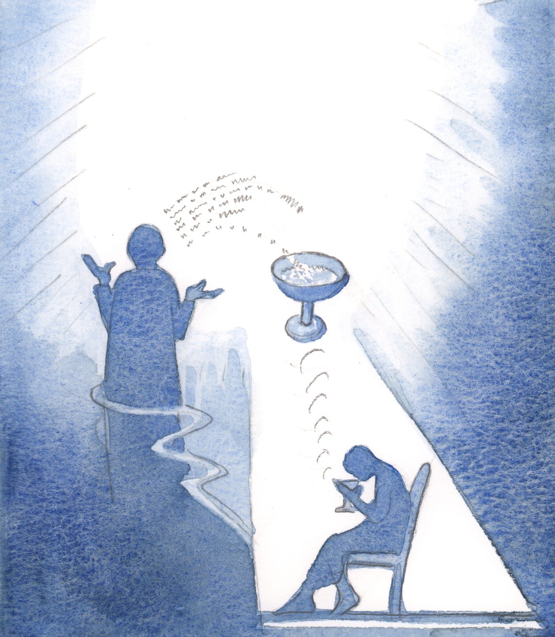 Jag såg att en singel "Hej Maria", som bad för någons välfärd, ger omedelbar uppfriskande, även om den inte känns igen., 2000 (w/c på papper) av Elizabeth Wang