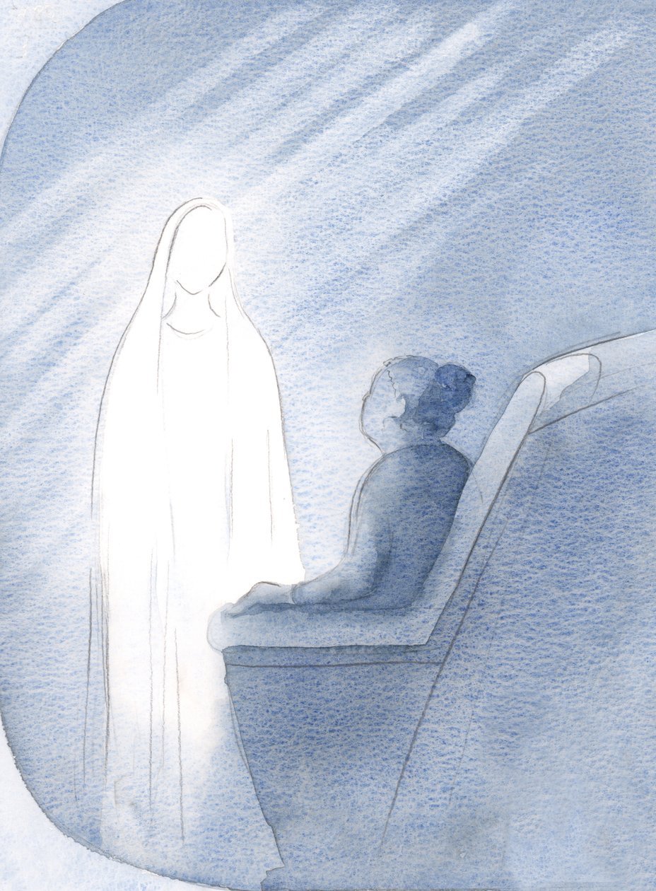 Jag stannade i bön med Jungfru Maria, denna drottning och sanna mor, och bad hennes hjälp för kyrkan och för världen, 2000 (w/c på papper) av Elizabeth Wang