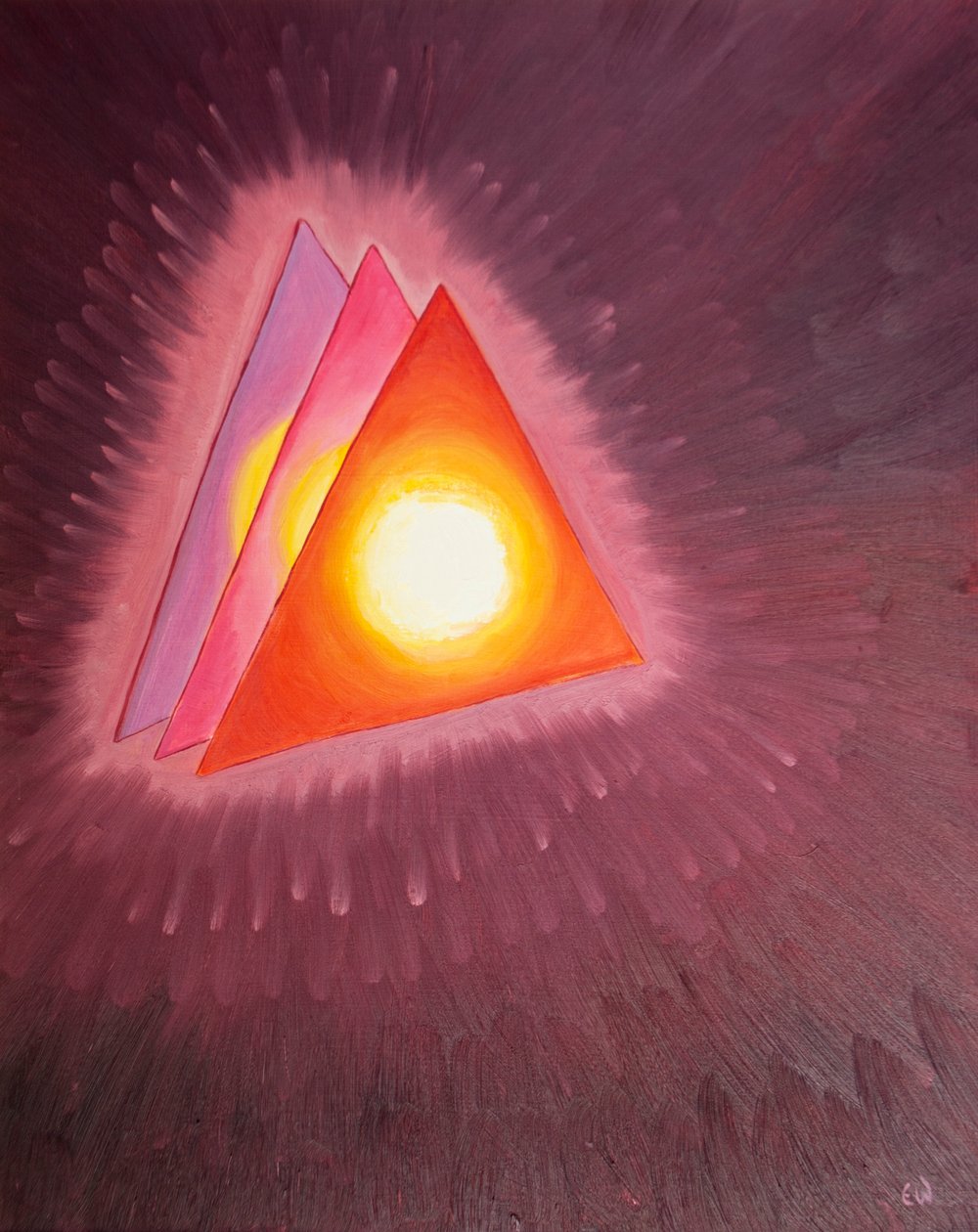 Jag fick se en symbol för den heliga treenigheten: tre trianglar, med en eld som smält lava (som representerar gudomlig kärlek) i hjärtat av varje, 2003 (olja ombord) av Elizabeth Wang