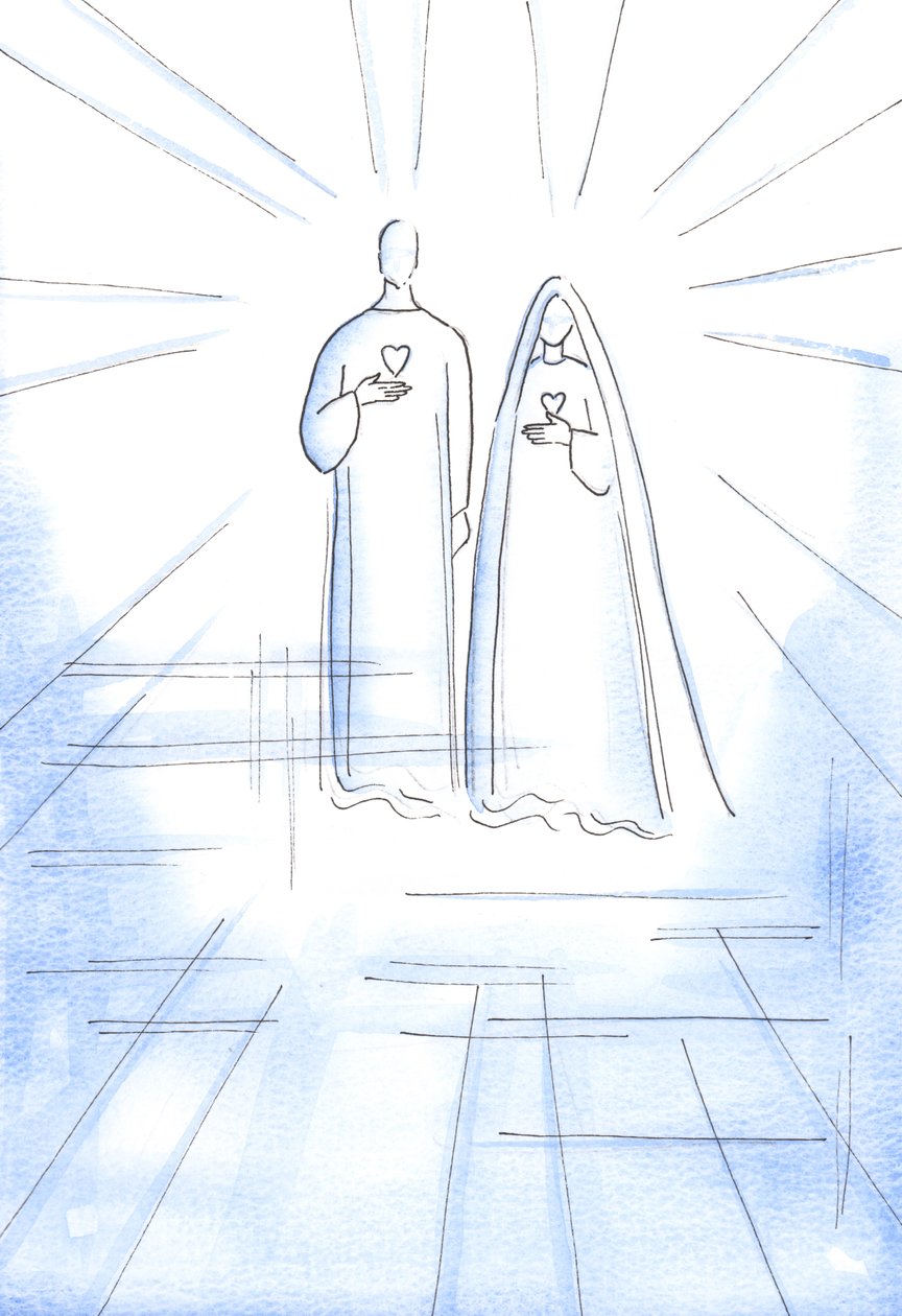 Jag visades de två hjärtan: av den syndfria Kristus och av hans obefläckade moder, i himlens strålande ljus, 2002 (w/c på papper) av Elizabeth Wang