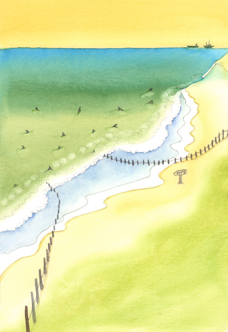 Om vi vägleder en person mot fara är vi ansvariga för deras skador, oavsett om det är på en strand, eller genom att publicera dåliga böcker eller inom något område av livet, 2003 (w/c på papper) av Elizabeth Wang