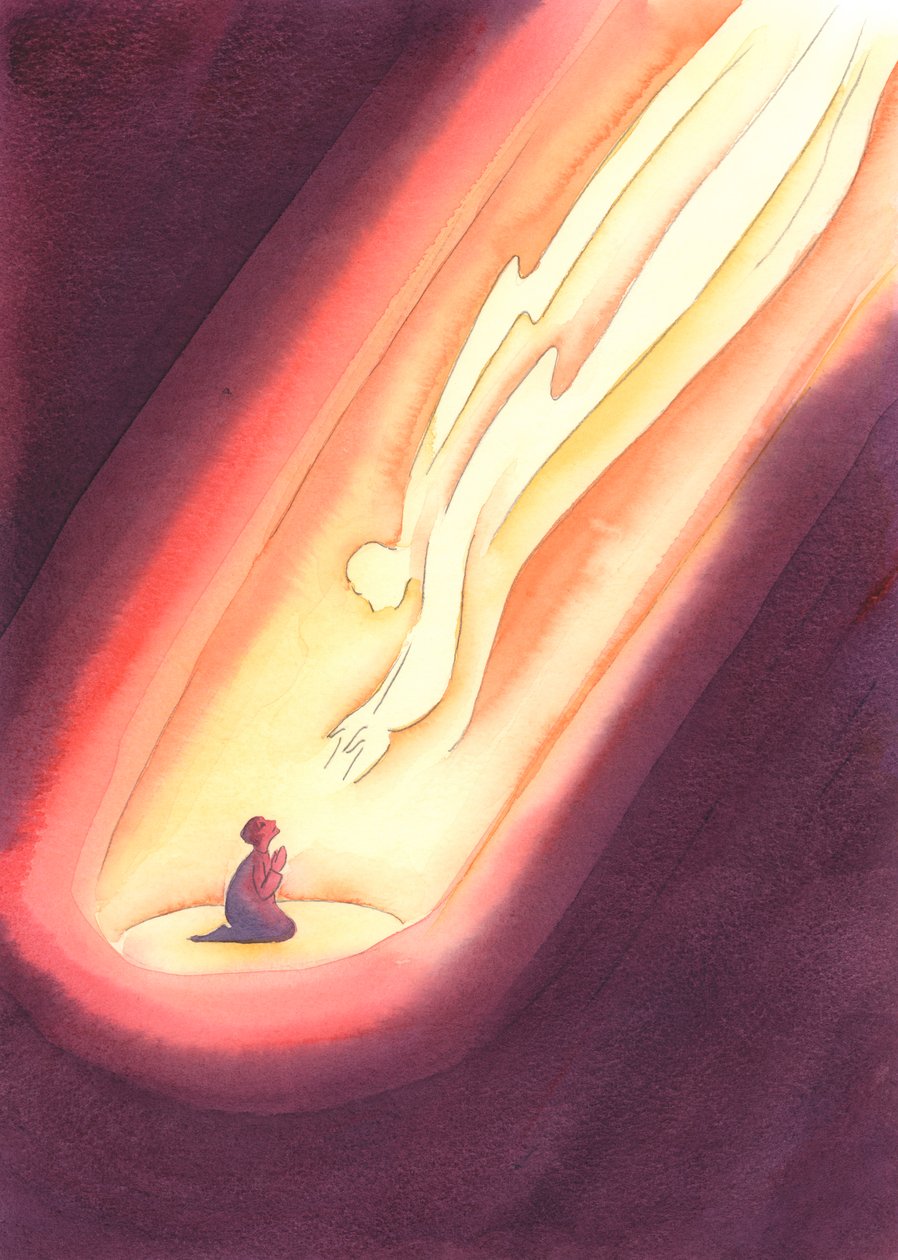 Om vi ber med tro, med ett barns ärlighet och tillit, når Gud alltid ner till oss, även om vi inte känner hans närvaro. , 2004 (w/c på papper) av Elizabeth Wang