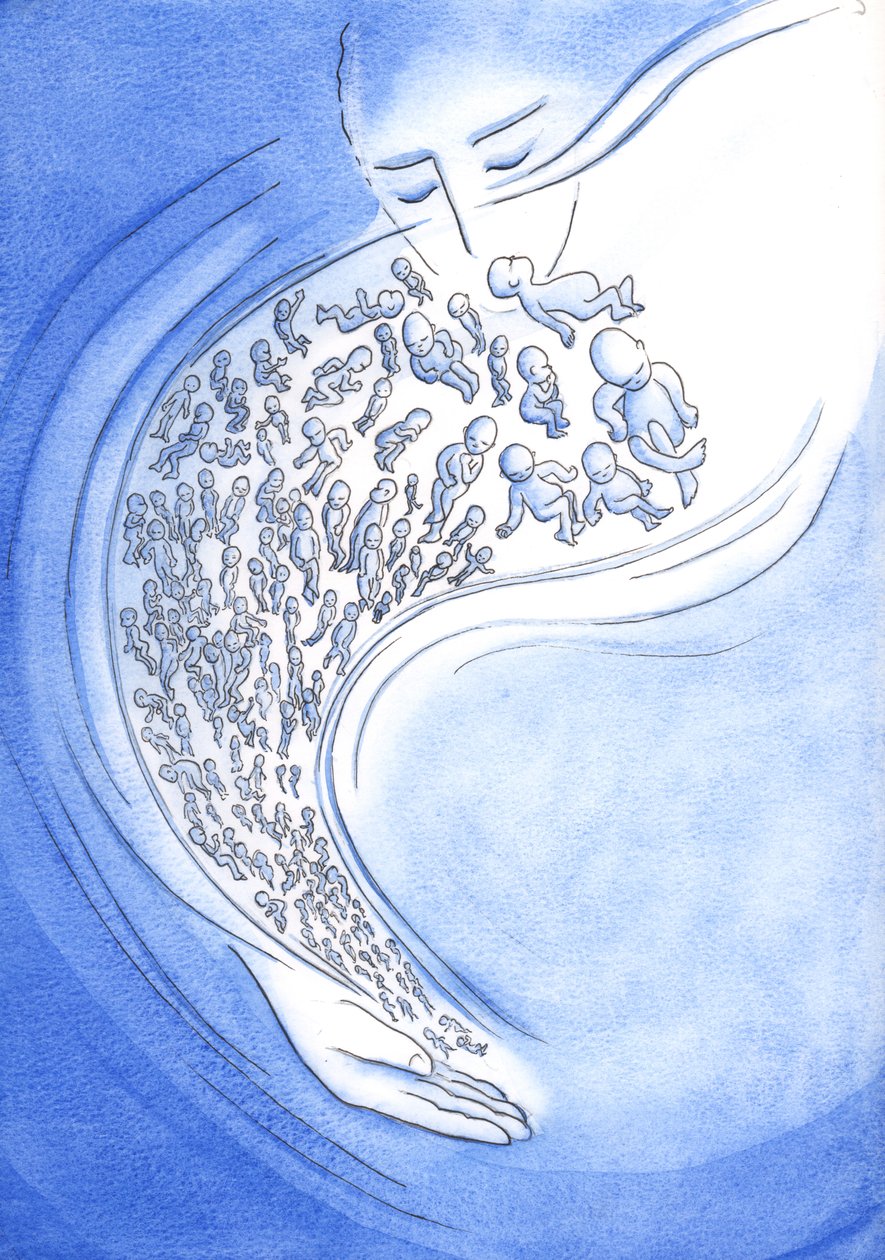 I Guds ögon är små bebisar som dör - före födseln eller efter - som stjärnfall som blossar upp kort och sedan faller från himlen, 2002 (w/c på papper) av Elizabeth Wang