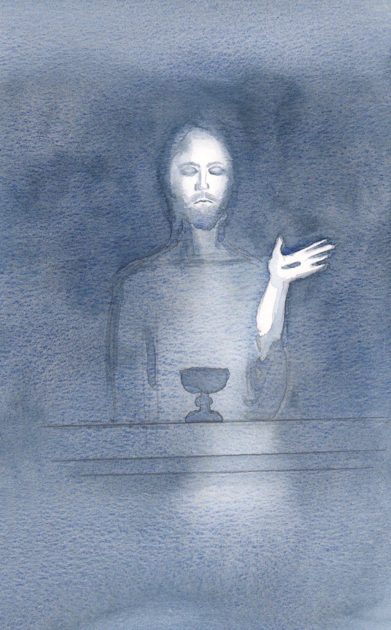 I sin barmhärtighet kommer Kristus till vårt altare, dagligen, när vi välkomnar honom, i trons mörker, 2000 (w/c på papper) av Elizabeth Wang