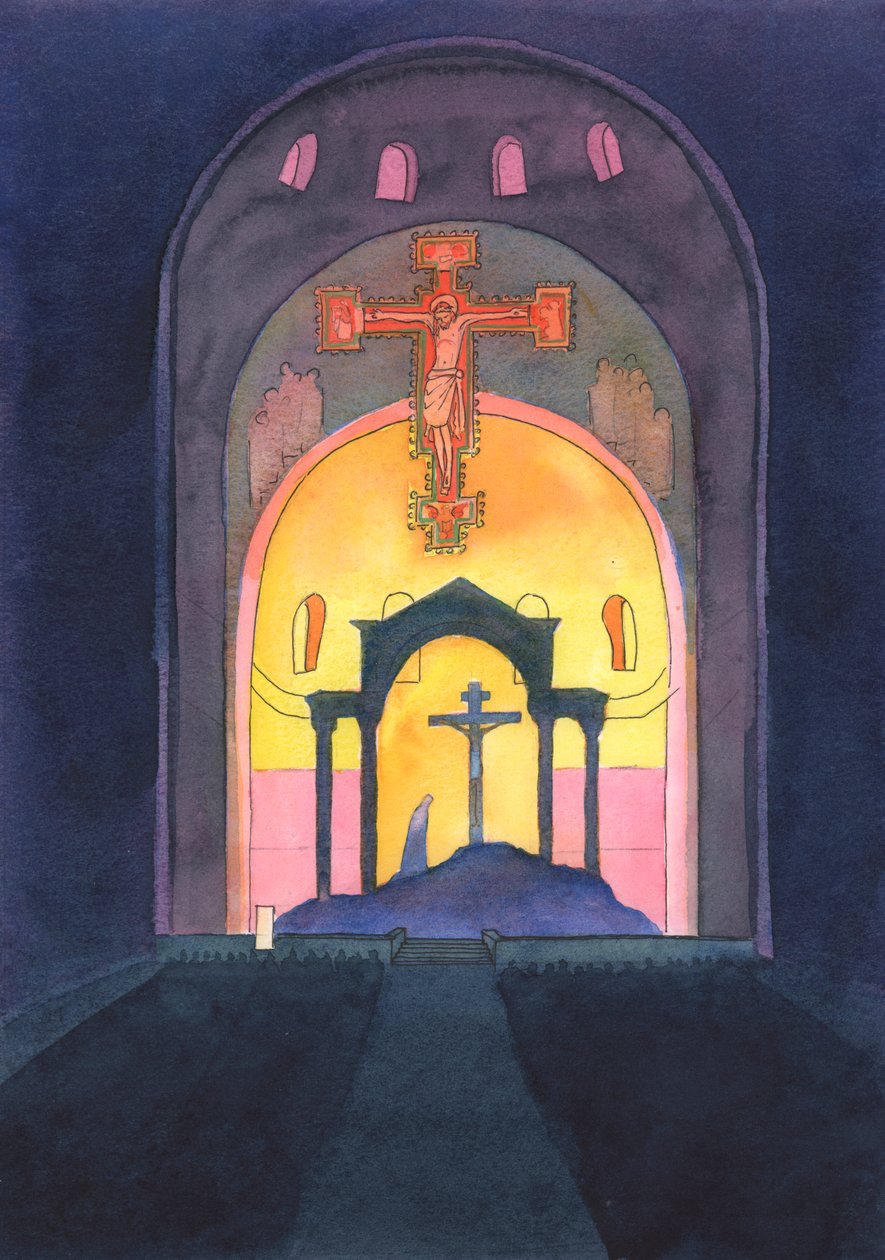 I Westminster Cathedral, och i varje katolsk kyrka, presenteras Sacrifice of Calvary på nytt för vår frälsning vid mässan 2004 (w/c på papper) av Elizabeth Wang