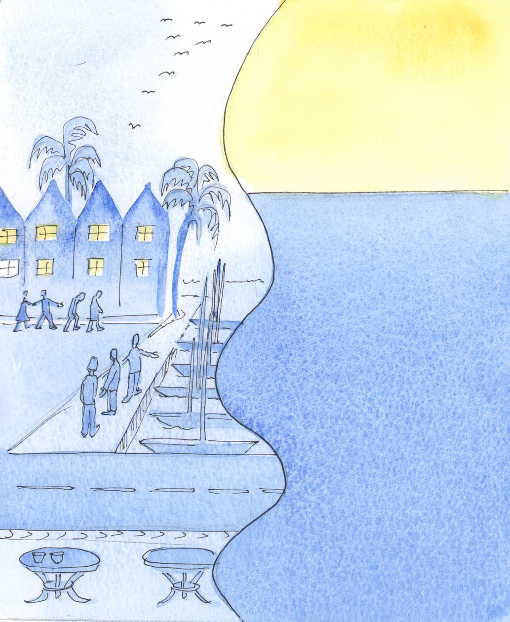 I en kuststad kan vi titta på de livliga gatorna och hamnen, eller vända oss för att beundra himlen och det lugna havet, 2003 (w/c på papper) av Elizabeth Wang