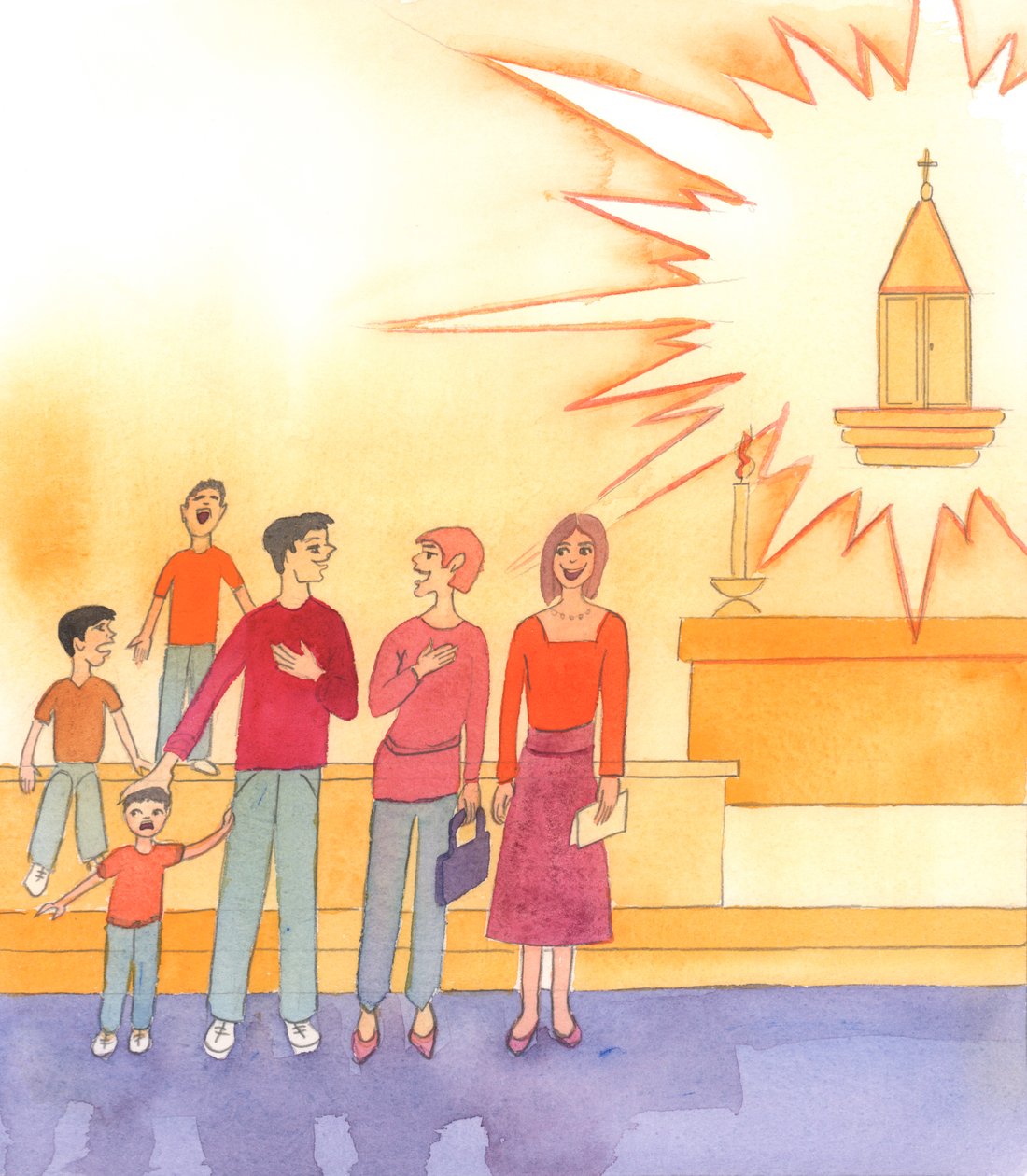 I kyrkan är vi på tröskeln till himlen, i närvaro av Kristus vår Gud, 2003 (w/c på papper) av Elizabeth Wang