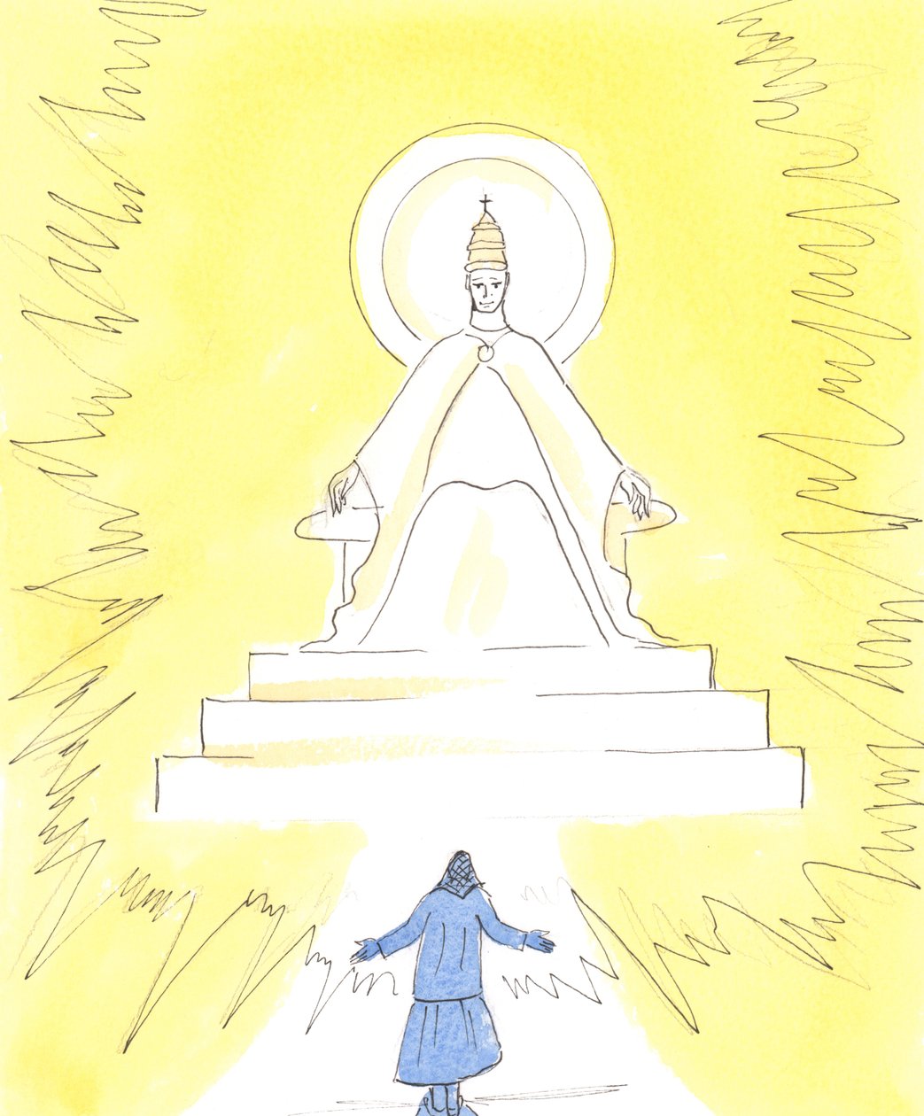 I tro kan vi se ett flammande ljus, högt uppe i kyrkan ovanför helgedomen, 2004 (w/c på papper) av Elizabeth Wang
