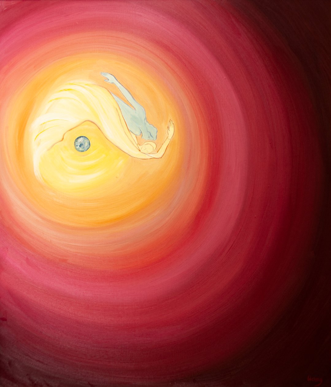 I vår förening med Gud är vi som barn som hoppar över universum, älskare som leker, valpar tumlar, 2002 (olja ombord) av Elizabeth Wang