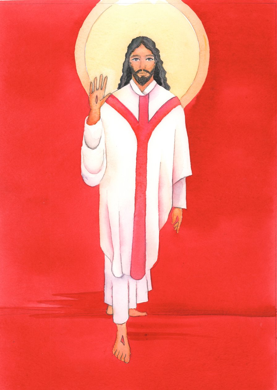 I mässan hälsar Jesus med stor tillgivenhet alla dem som älskar och välkomnar honom. Han är verkligen närvarande med oss i nattvarden, 2000 (w/c på papper) av Elizabeth Wang