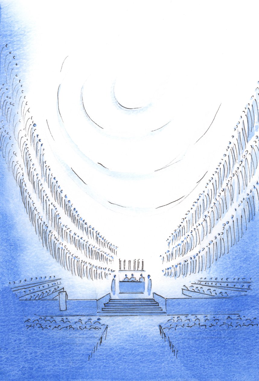I katedralen, vid en vigningsmässa, avslöjade Fadern något av sin majestät och härlighet, mitt bland helgonen, 2003 (w/c på papper) av Elizabeth Wang