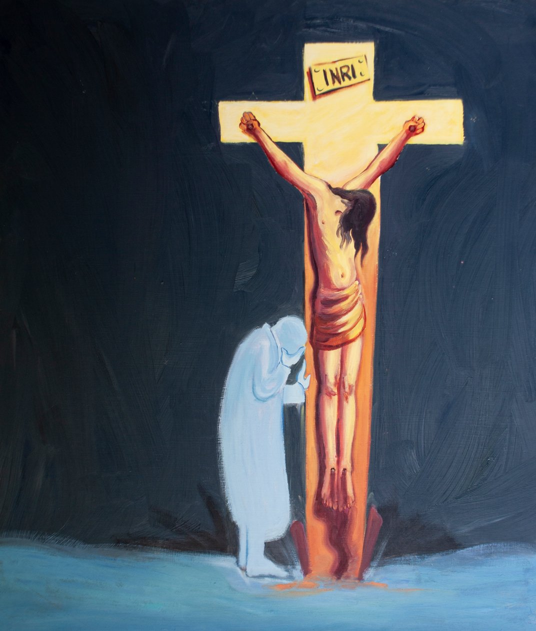 Det är genom ödmjukhet vi kan lära oss att gömma oss med våra sår bredvid Jesus den korsfäste, 2000 (olja ombord) av Elizabeth Wang
