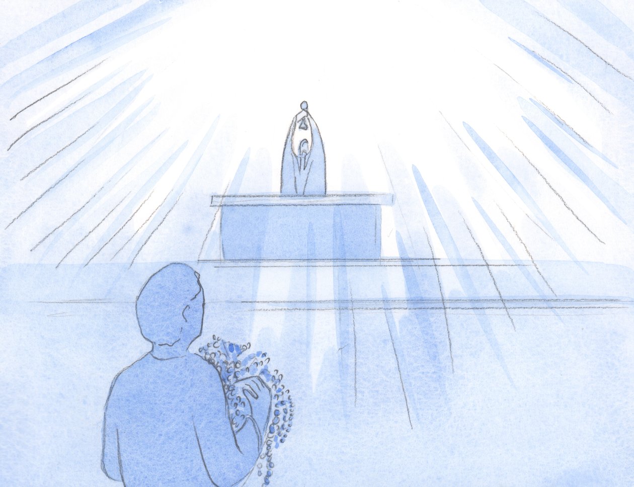Det verkade som om vi bär armar av pärlor och rubiner, för Gud Fadern: Jesus är vårt tack, lov, gottgörelse och vädjan., 2000 (w/c på papper) av Elizabeth Wang