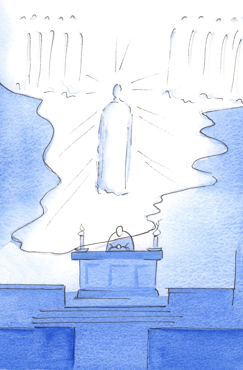 Det var som om själva himlens golv sträcktes ut över altaret, så att Kristus var närvarande både i himlen och på altaret, 2003 (w/c på papper) av Elizabeth Wang