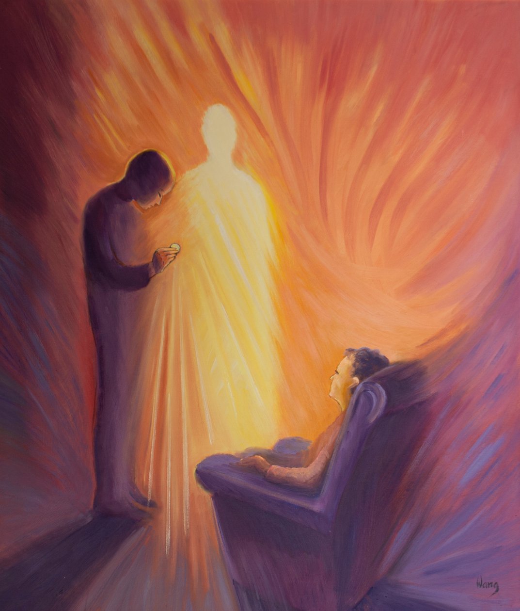 Jesus Kristus kommer till oss i nattvarden när vi är sjuka eller hembundna, 2001 (olja ombord) av Elizabeth Wang