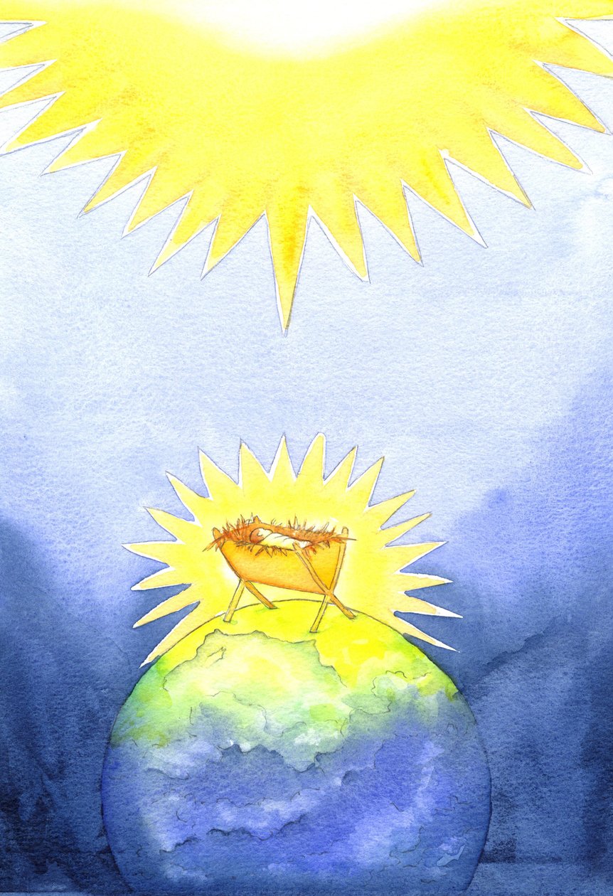 Jesus Kristus är människan som skapats av Gud; ändå kom han till jorden inte med makten, utan som en hjälplös baby, 2001 (w/c på papper) av Elizabeth Wang