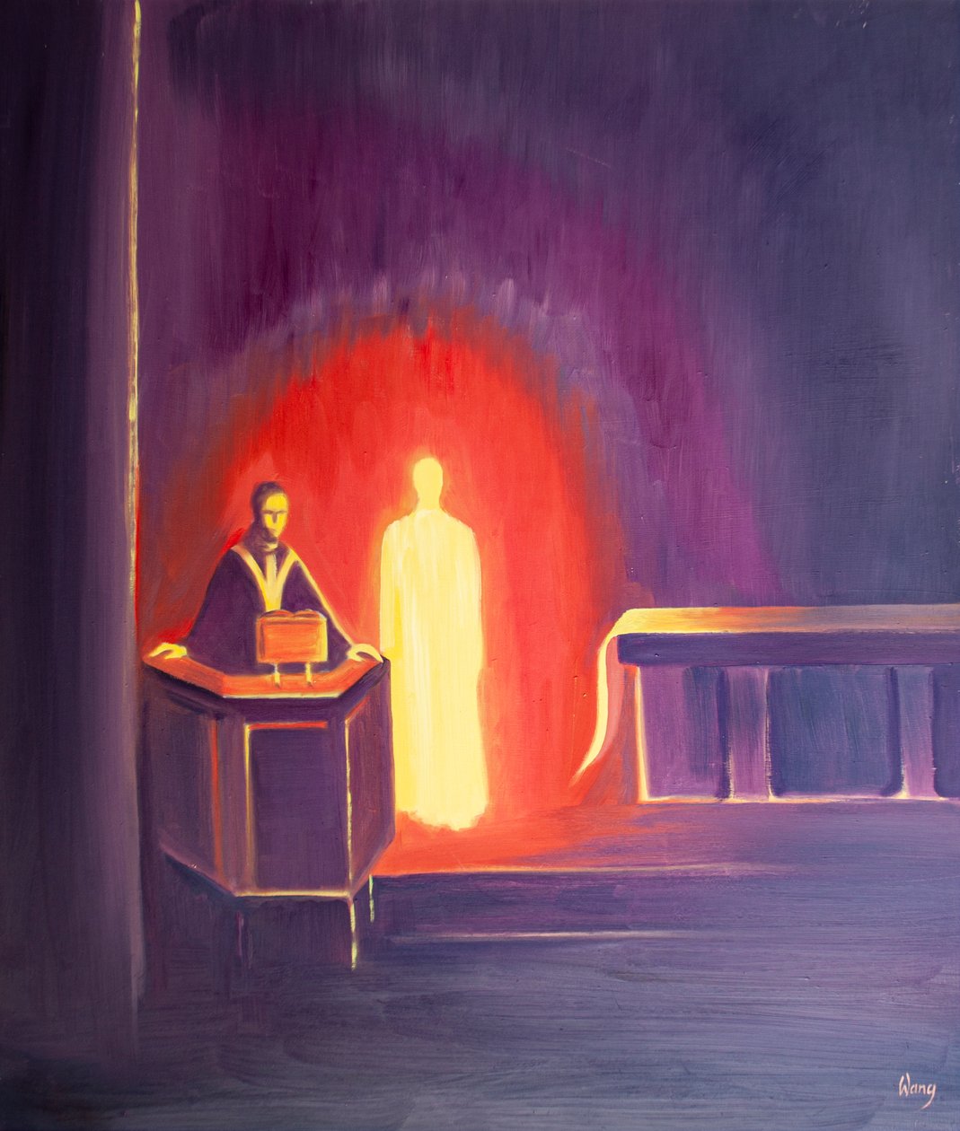Jesus Kristus är närvarande med oss när Bibeln läses, 2000 (olja ombord) av Elizabeth Wang