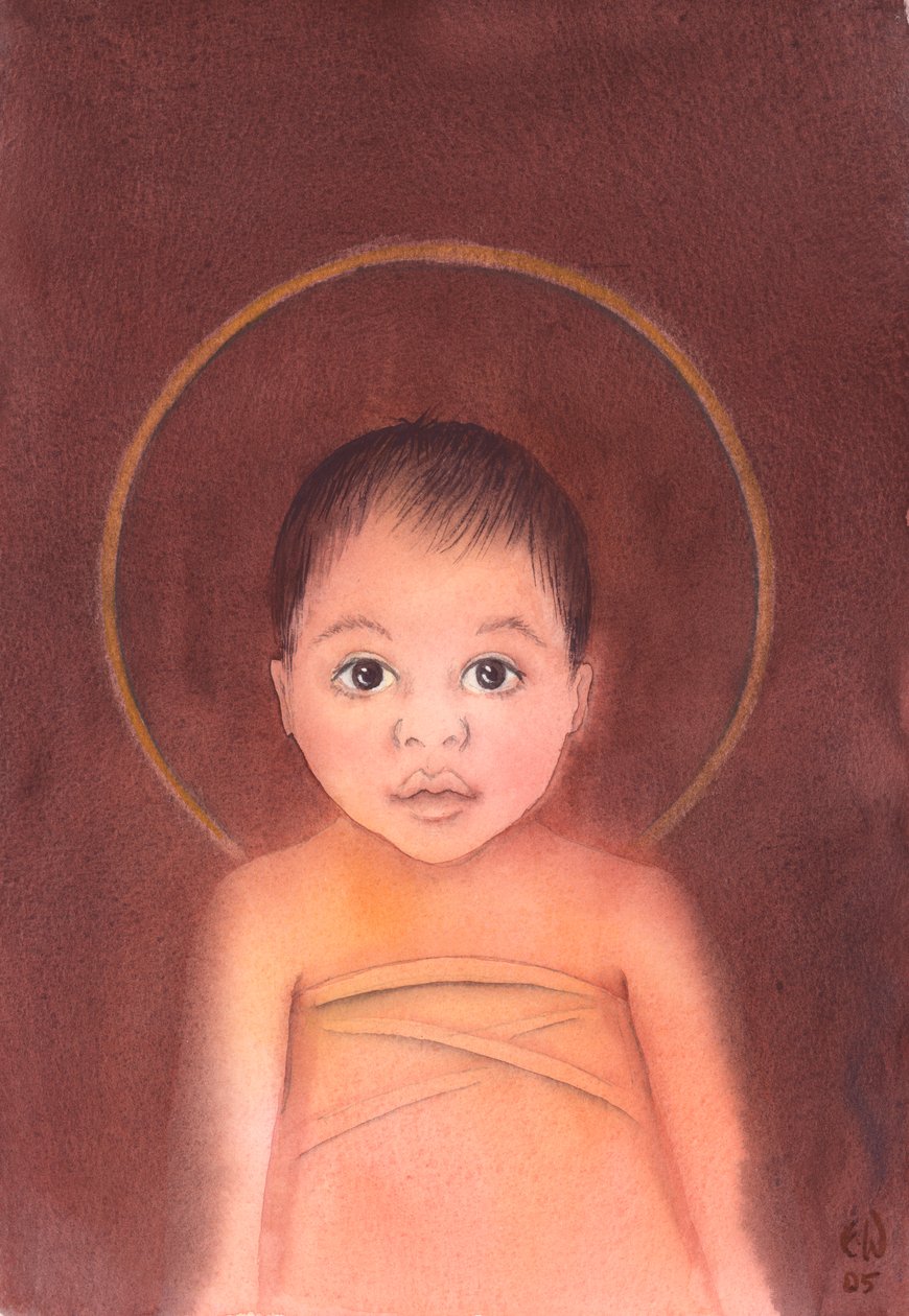 Jesus Kristus är sann Gud, som tog på sig vår mänskliga natur och hade ödmjukheten och godheten att komma ibland oss som ett spädbarn, 2003 (w/c på papper) av Elizabeth Wang