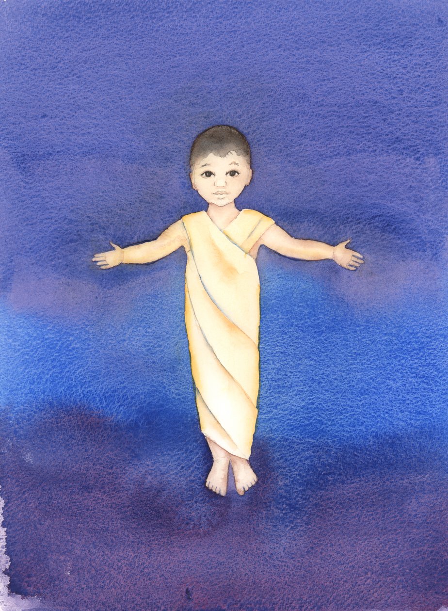Jesus Kristus är sann Gud, som tog på sig vår mänskliga natur och hade ödmjukheten och godheten att komma ibland oss som ett spädbarn, 2003 (w/c på papper) av Elizabeth Wang