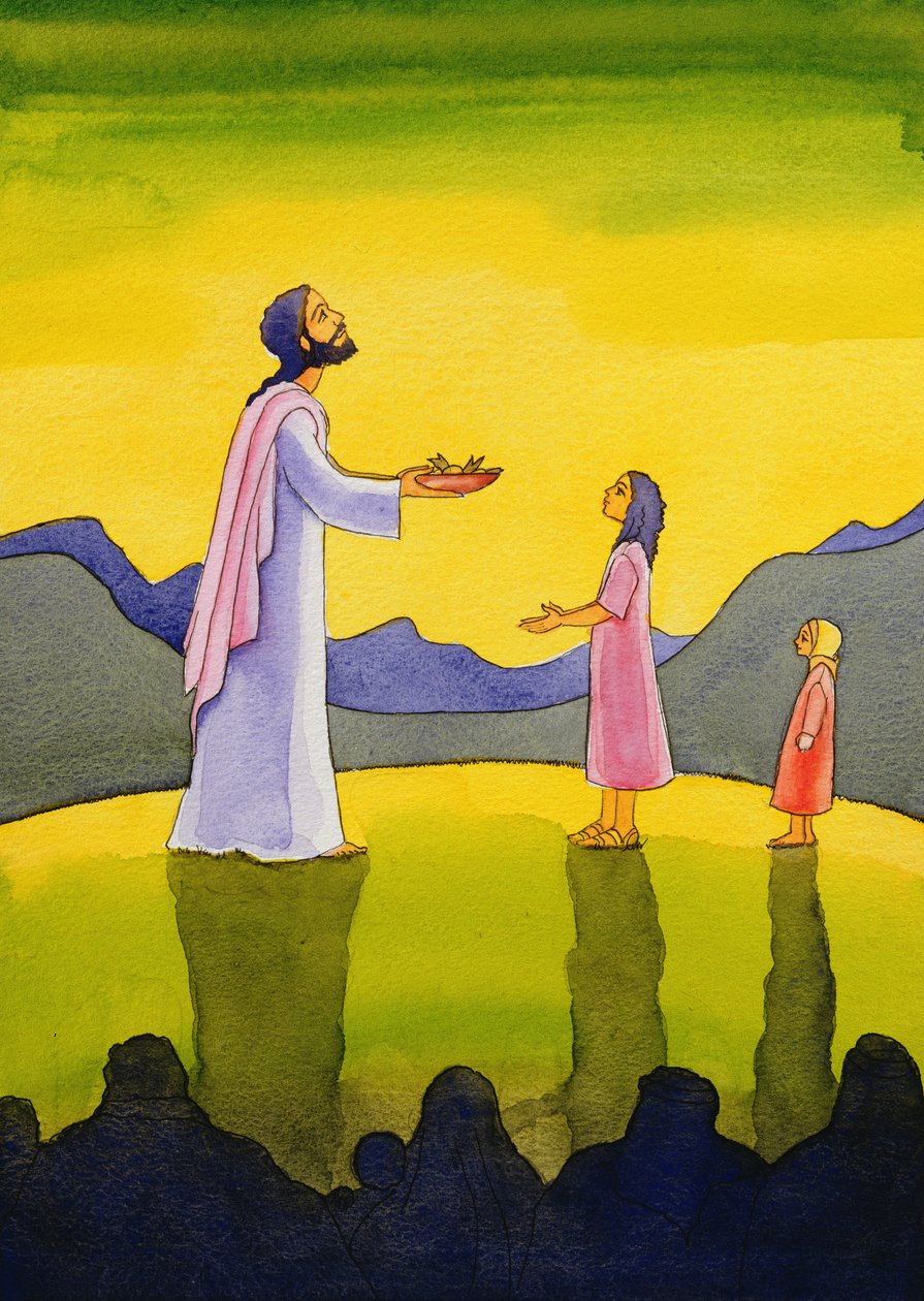 Jesus Kristus utför underverket med bröden och fisken, 2004 (w/c på papper) av Elizabeth Wang