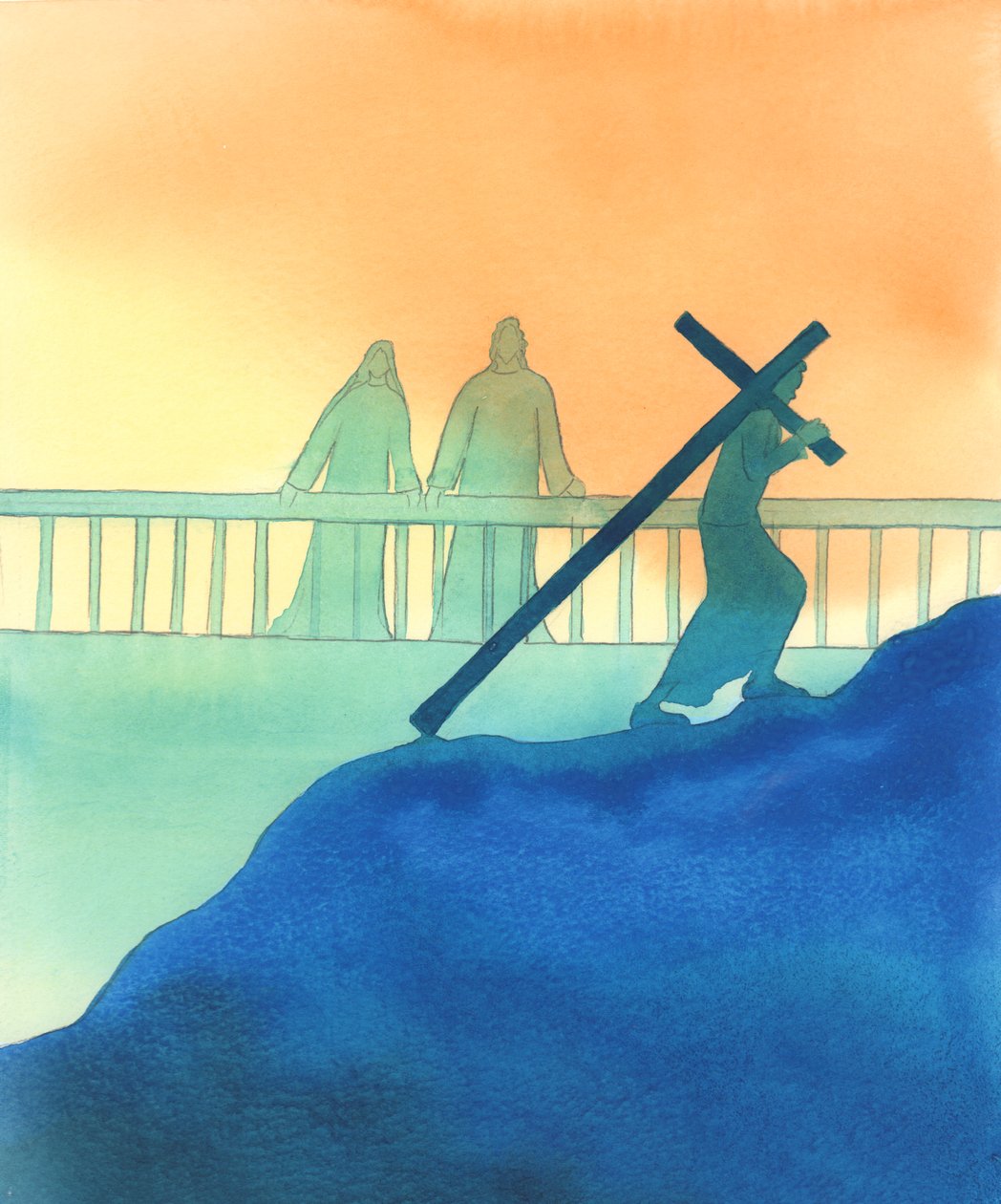 Jesus och Maria ser på oss med ömhet när vi följer vår egen korsväg, 2000 (w/c på papper) av Elizabeth Wang