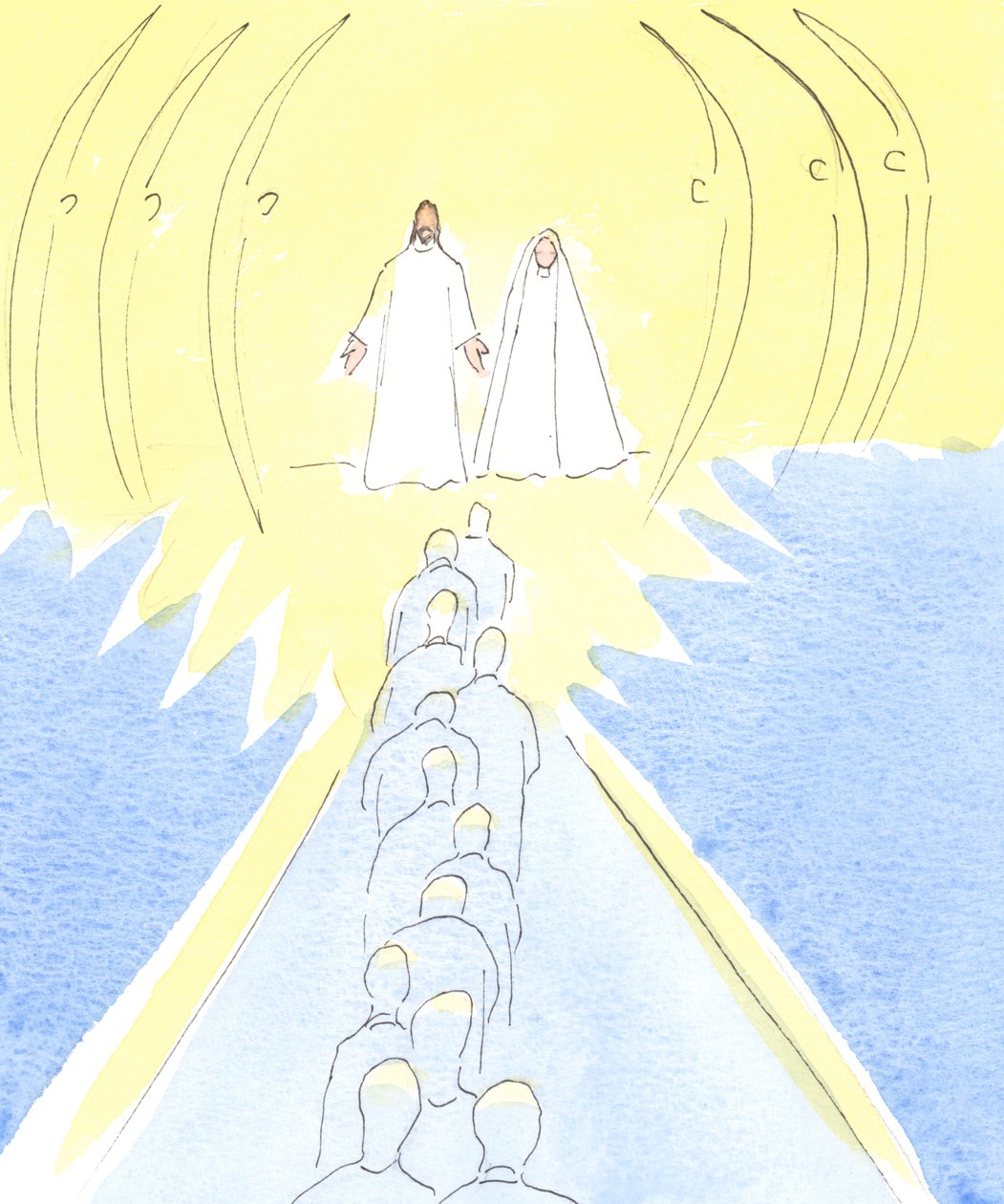 Jesus korsfäst väntar vid himlens port, med sin mor Maria och de heliga änglarna, 2000 (w/c på papper) av Elizabeth Wang