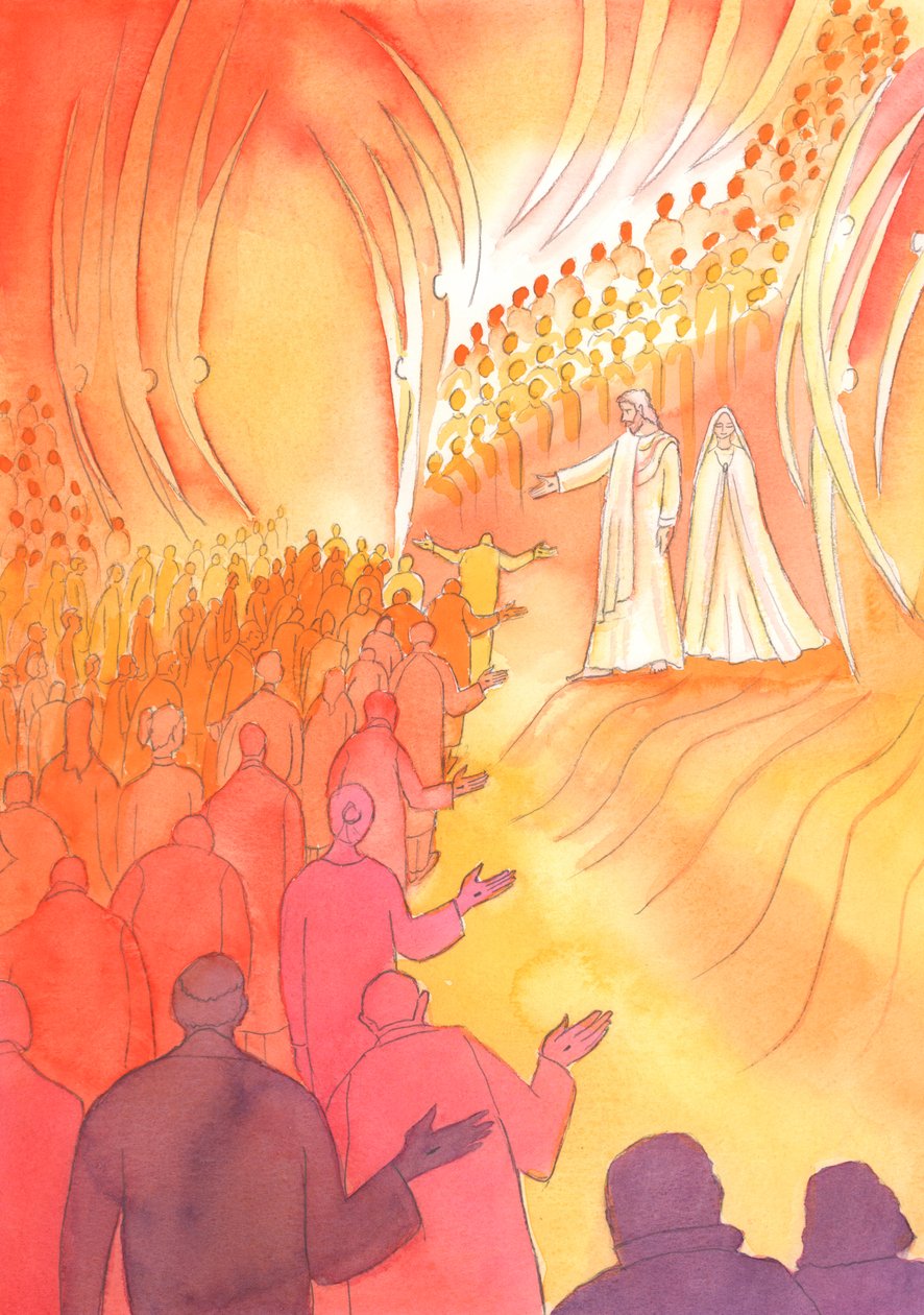 Jesus korsfäst väntar vid himlens port, med sin mor Maria och de heliga änglarna, 2000 (w/c på papper) av Elizabeth Wang