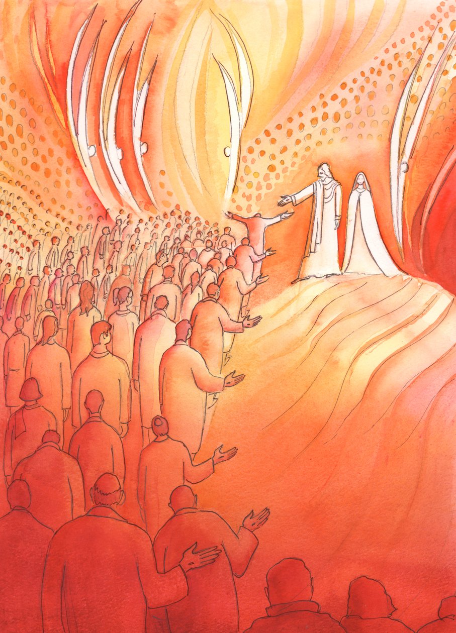 Jesus korsfäst väntar vid himlens port, med sin mor Maria och de heliga änglarna, 2000 (w/c på papper) av Elizabeth Wang