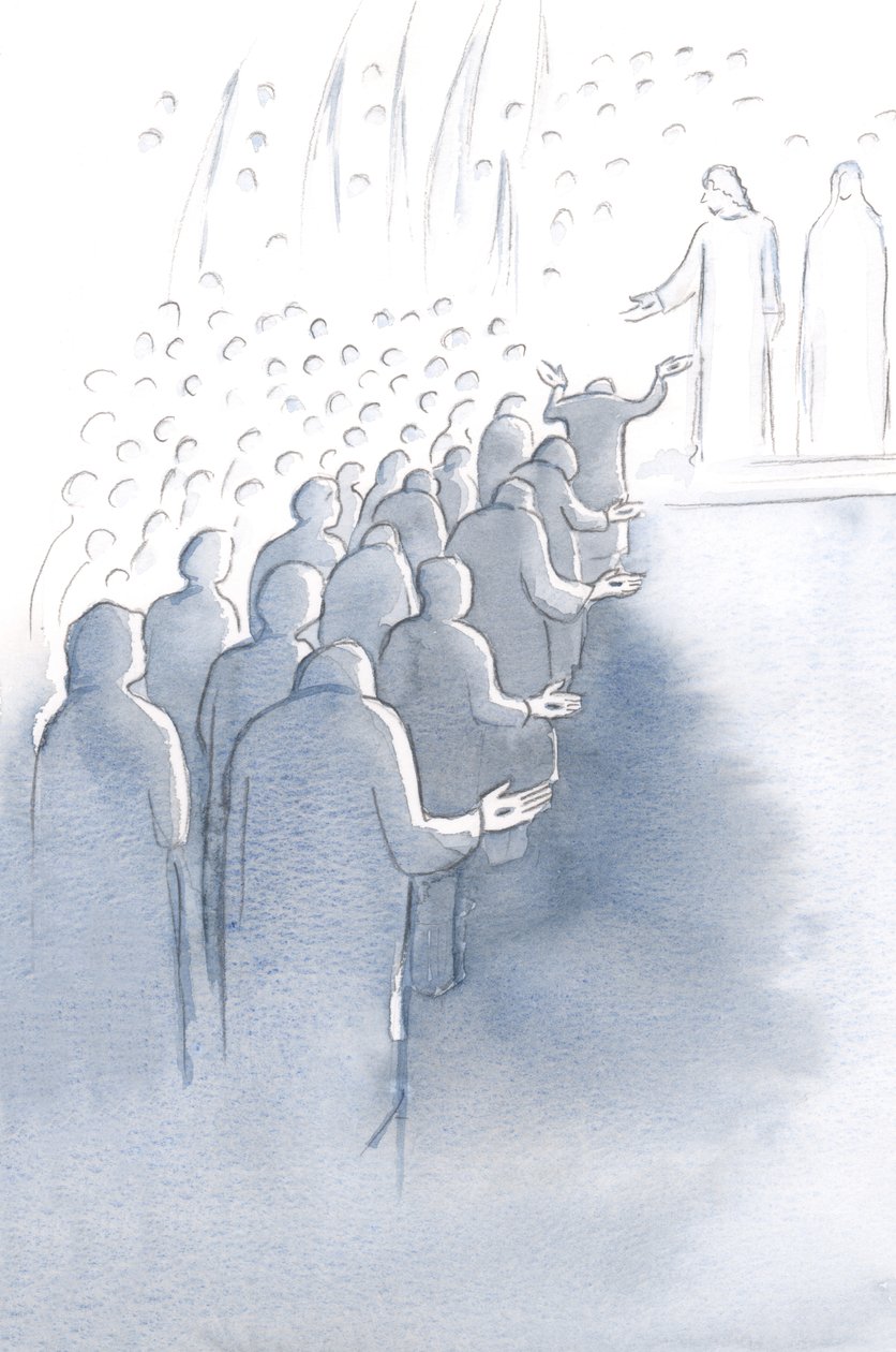 Jesus korsfäst väntar vid himlens port, med sin mor Maria och de heliga änglarna, 2000 (w/c på papper) av Elizabeth Wang
