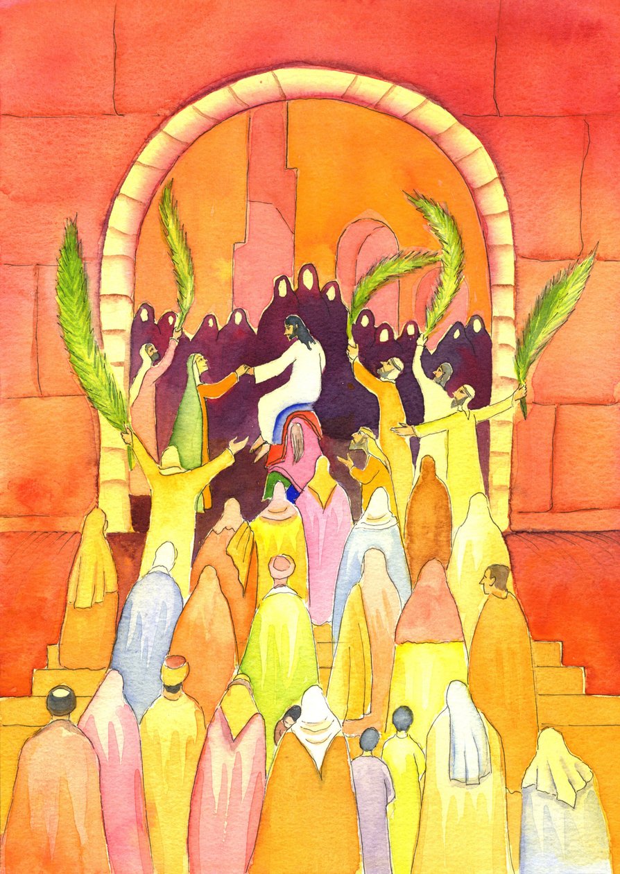 Jesus går in i Jerusalem i procession (palmsöndagen), 2001 (w/c på papper) av Elizabeth Wang