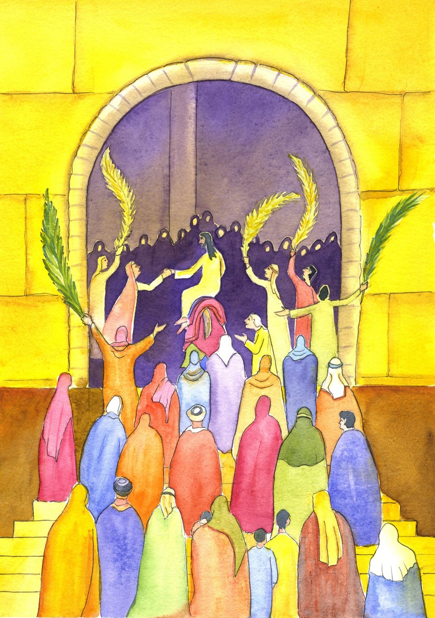 Jesus går in i Jerusalem i procession (palmsöndagen), 2001 (w/c på papper) av Elizabeth Wang