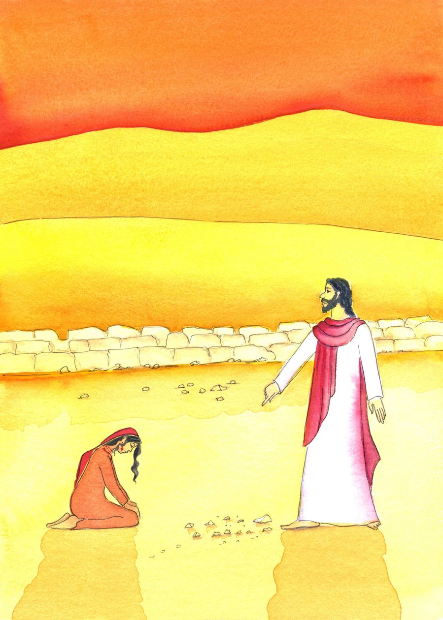 Jesus förlåter kvinnan som fångats i äktenskapsbrott, 2006 (w/c på papper) av Elizabeth Wang