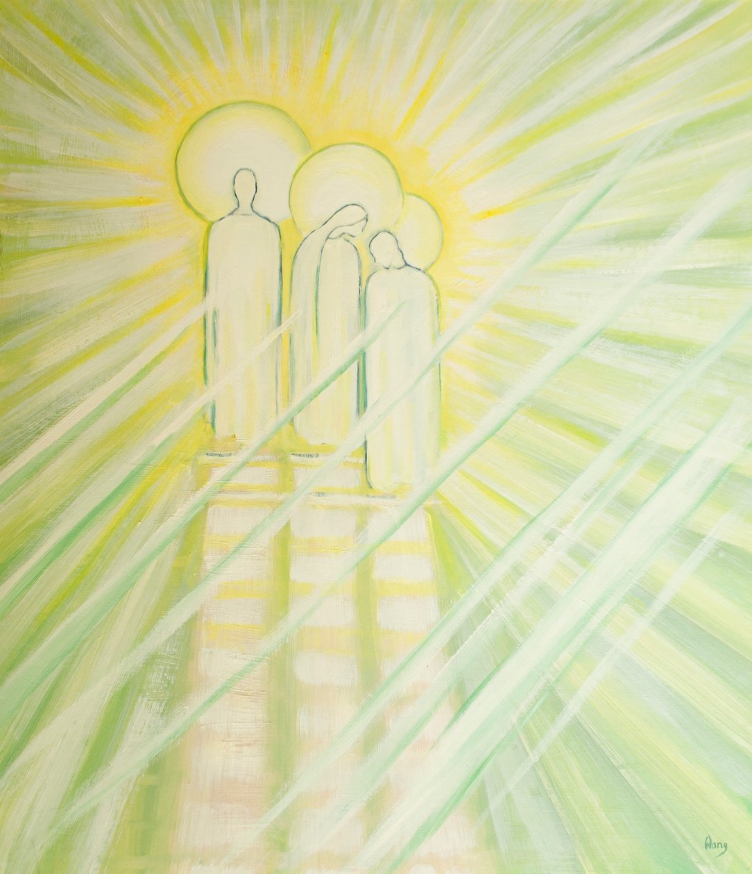 Jesus ger stor förbönskraft till Vår Fru och St Joseph, och till alla som ber för andra i hans namn, 2000 (olja ombord) av Elizabeth Wang