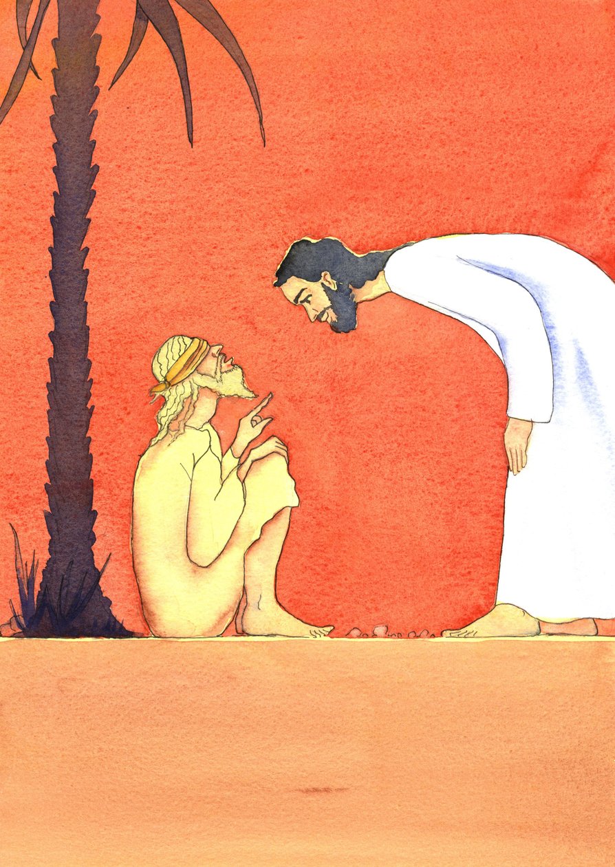 Jesus helar den blinde, 2001 (w/c på papper) av Elizabeth Wang