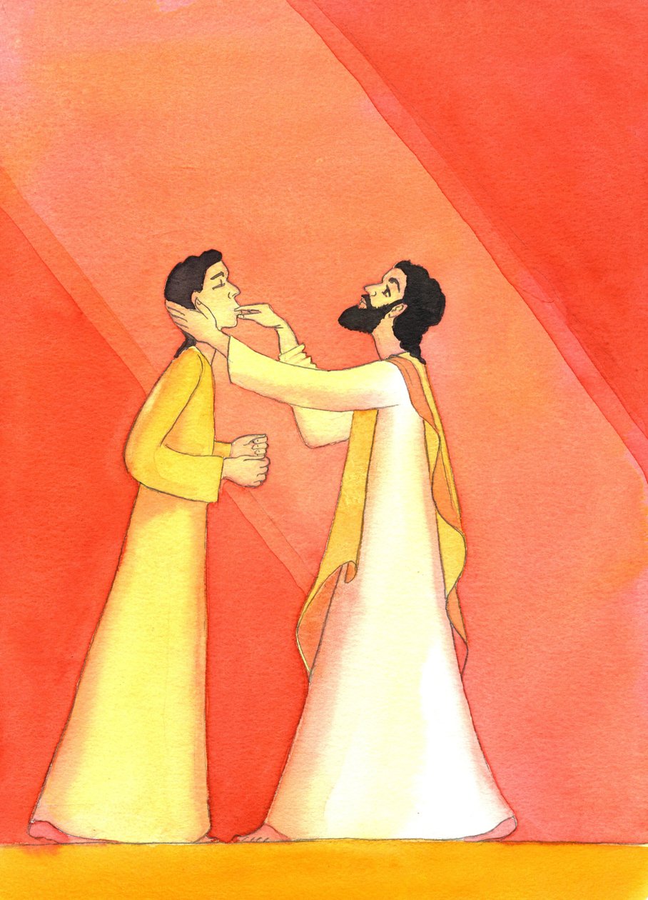 Jesus botar den döva, när han höjer sina ögon mot himlen, i bön, 2001 (w/c på papper) av Elizabeth Wang