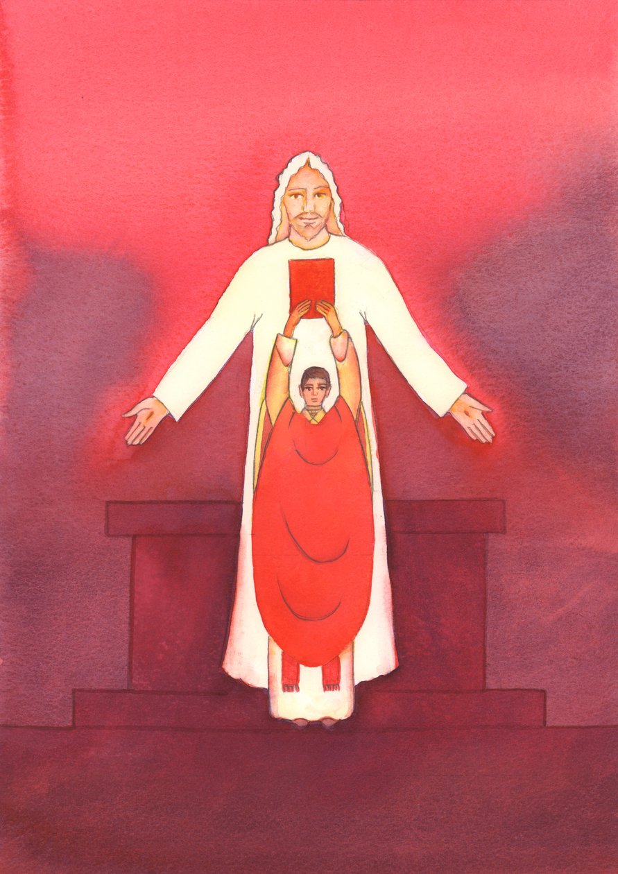 Jesus själv talar till oss genom de heliga skrifterna, särskilt när evangeliet förkunnas vid mässan 2003 (w/c på papper) av Elizabeth Wang