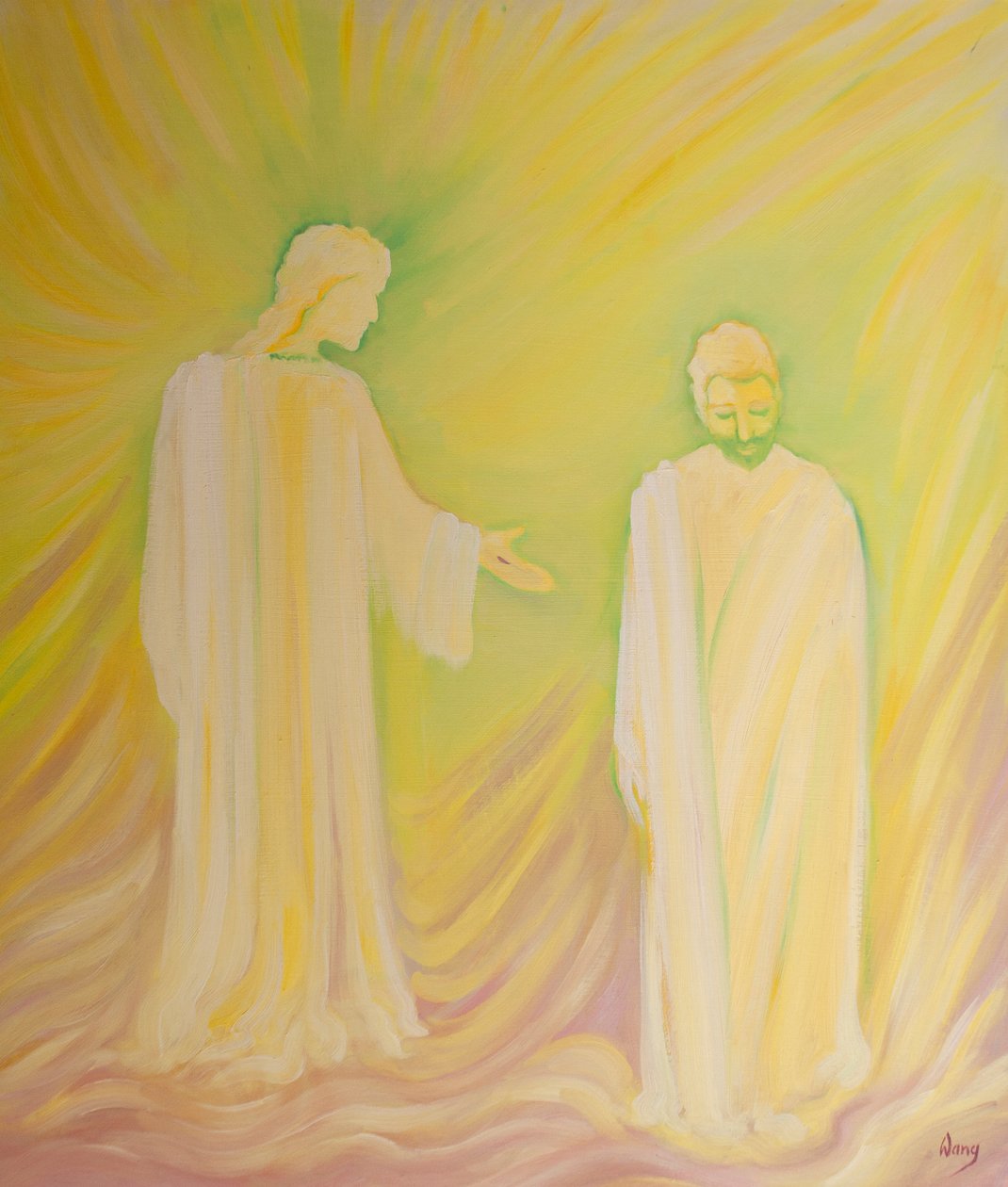 Jesus hedrar Sankt Josef sin fosterfar och ber oss att beundra hans dygder och be om hans böner, 2000 (olja ombord) av Elizabeth Wang