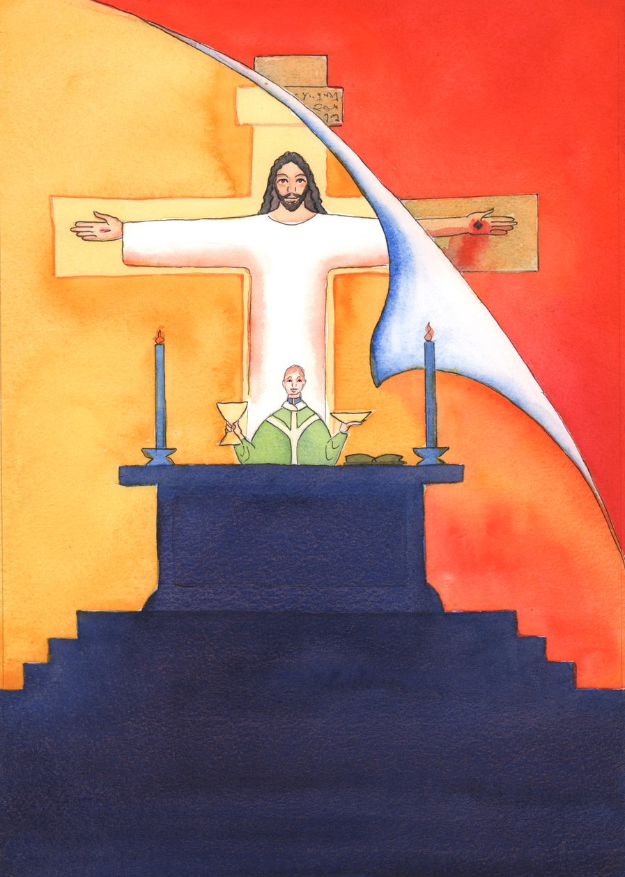 Jesus är närvarande med oss vid mässan och ber till Fadern för vår räkning, om hjälp i våra behov och om evig frälsning. Vi kan förena alla våra böner med hans stora offerbön, 2004 (w/c on pa av Elizabeth Wang