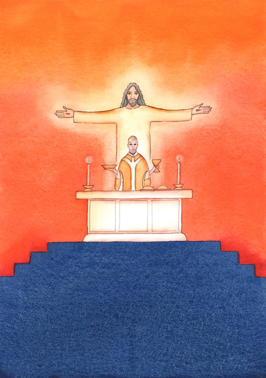 Jesus är närvarande med oss vid mässan och ber till Fadern för vår räkning, om hjälp i våra behov och om evig frälsning. Vi kan förena alla våra böner med hans stora offerbön, 2004 (w/c on pa av Elizabeth Wang