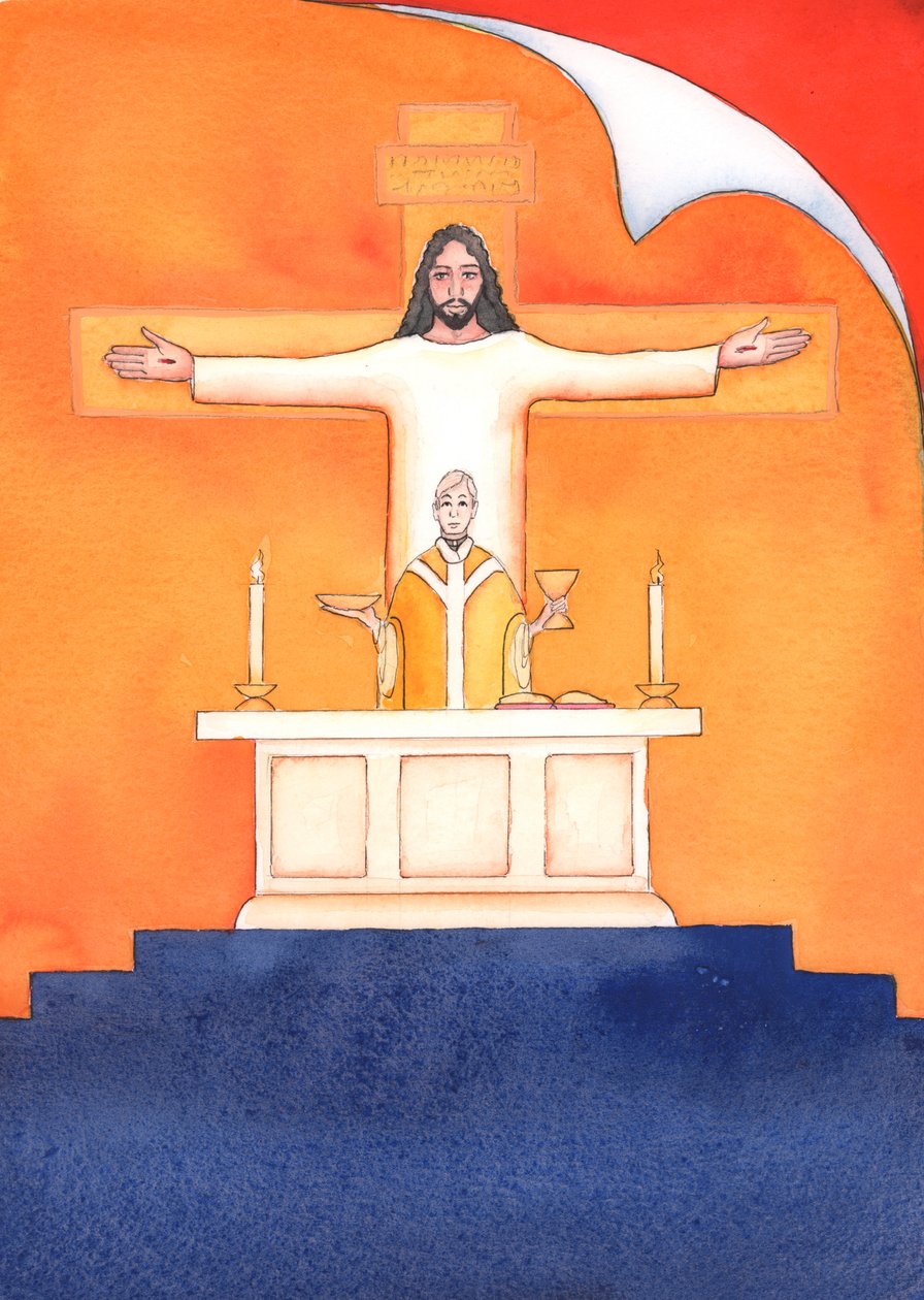 Jesus är närvarande med oss vid mässan och ber till Fadern för vår räkning, om hjälp i våra behov och om evig frälsning. Vi kan förena alla våra böner med hans stora offerbön, 2004 (w/c on pa av Elizabeth Wang