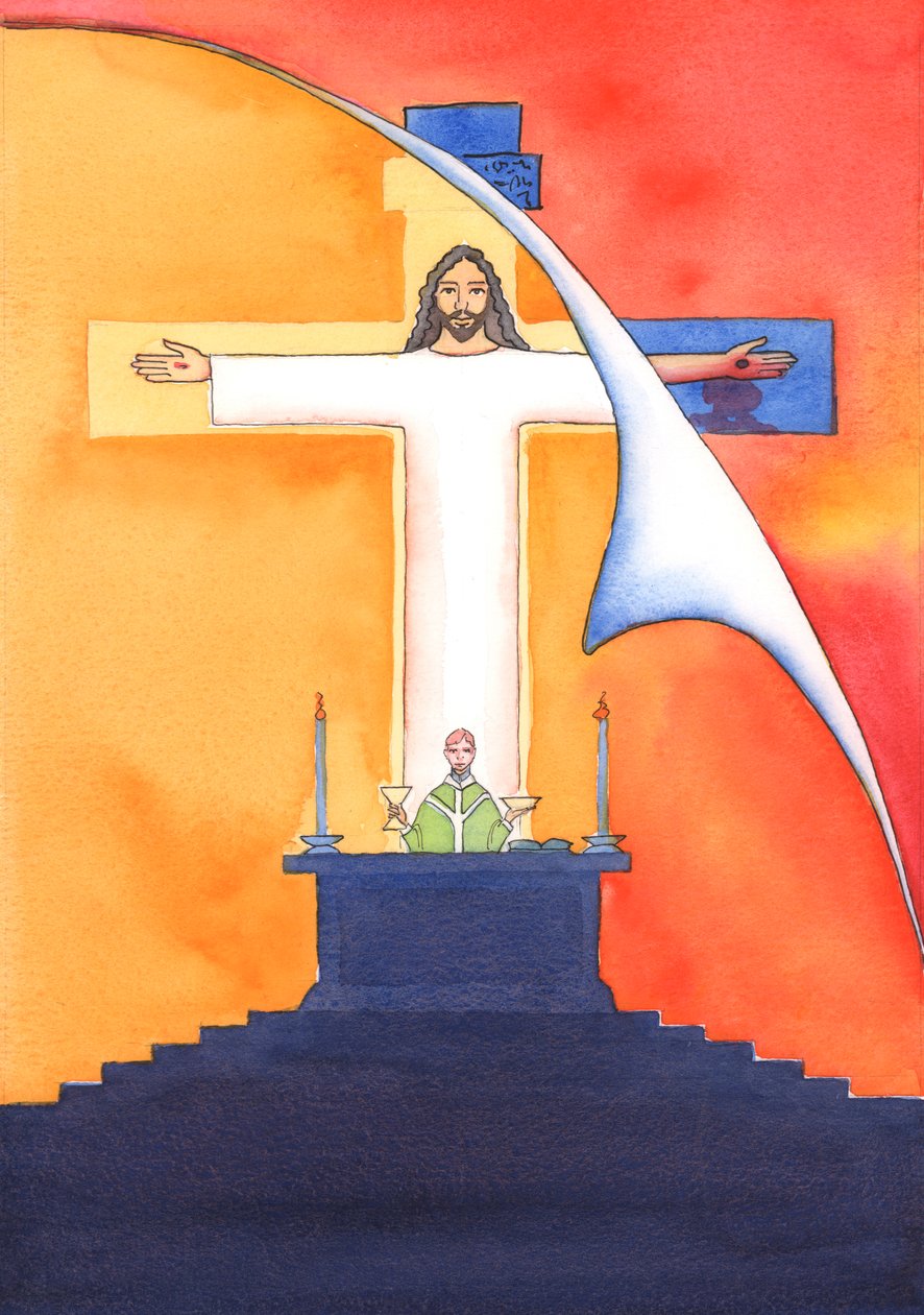 Jesus är närvarande med oss vid mässan och ber till Fadern för vår räkning, om hjälp i våra behov och om evig frälsning. Vi kan förena alla våra böner med hans stora offerbön, 2004 (w/c on pa av Elizabeth Wang