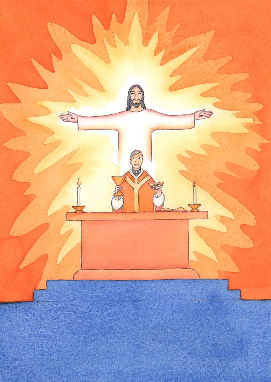 Jesus är närvarande med oss vid mässan och ber till Fadern för vår räkning, om hjälp i våra behov och om evig frälsning. Vi kan förena alla våra böner med hans stora offerbön, 2004 (w/c on pa av Elizabeth Wang